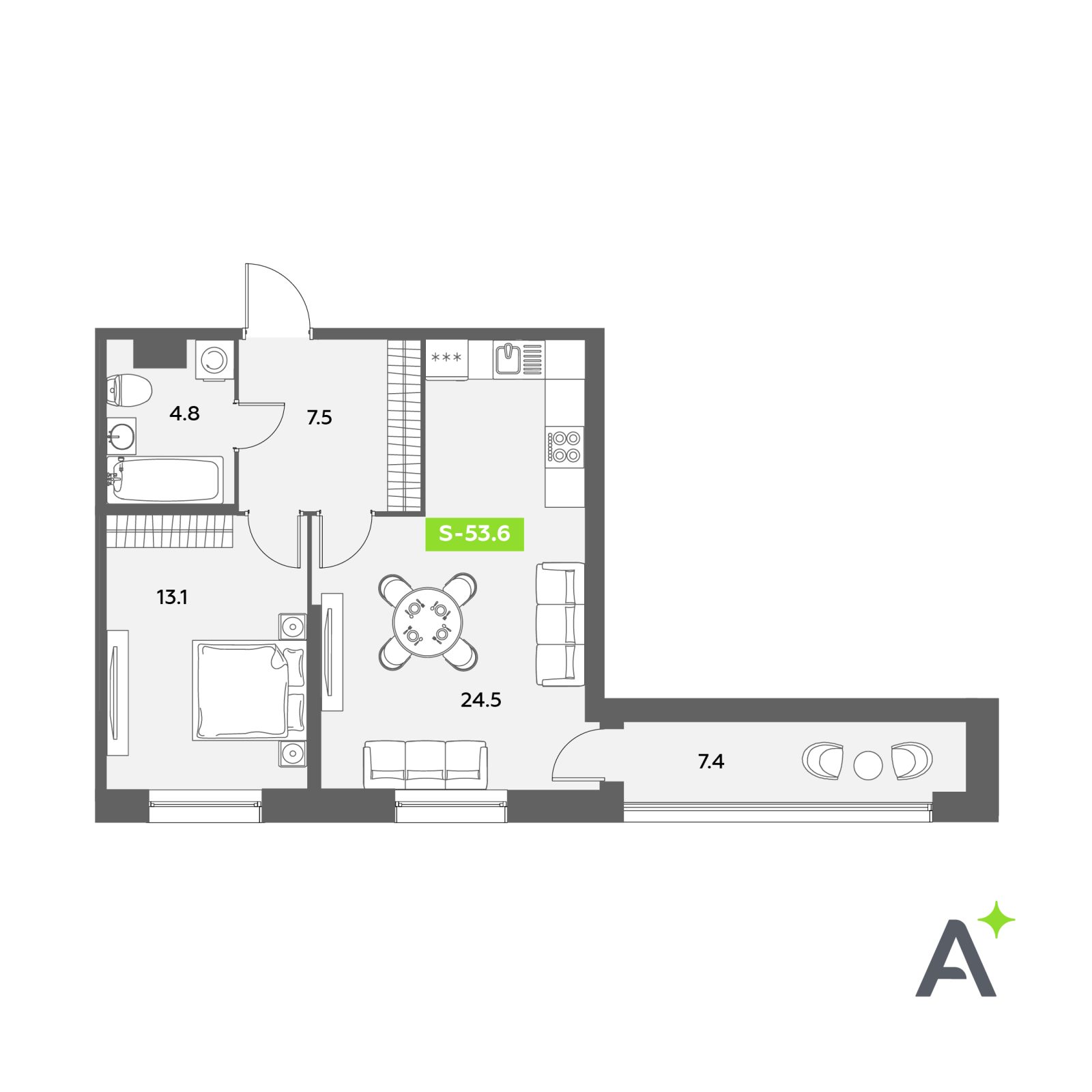 Планировка: 2-комнатная квартира, 53,6 м²