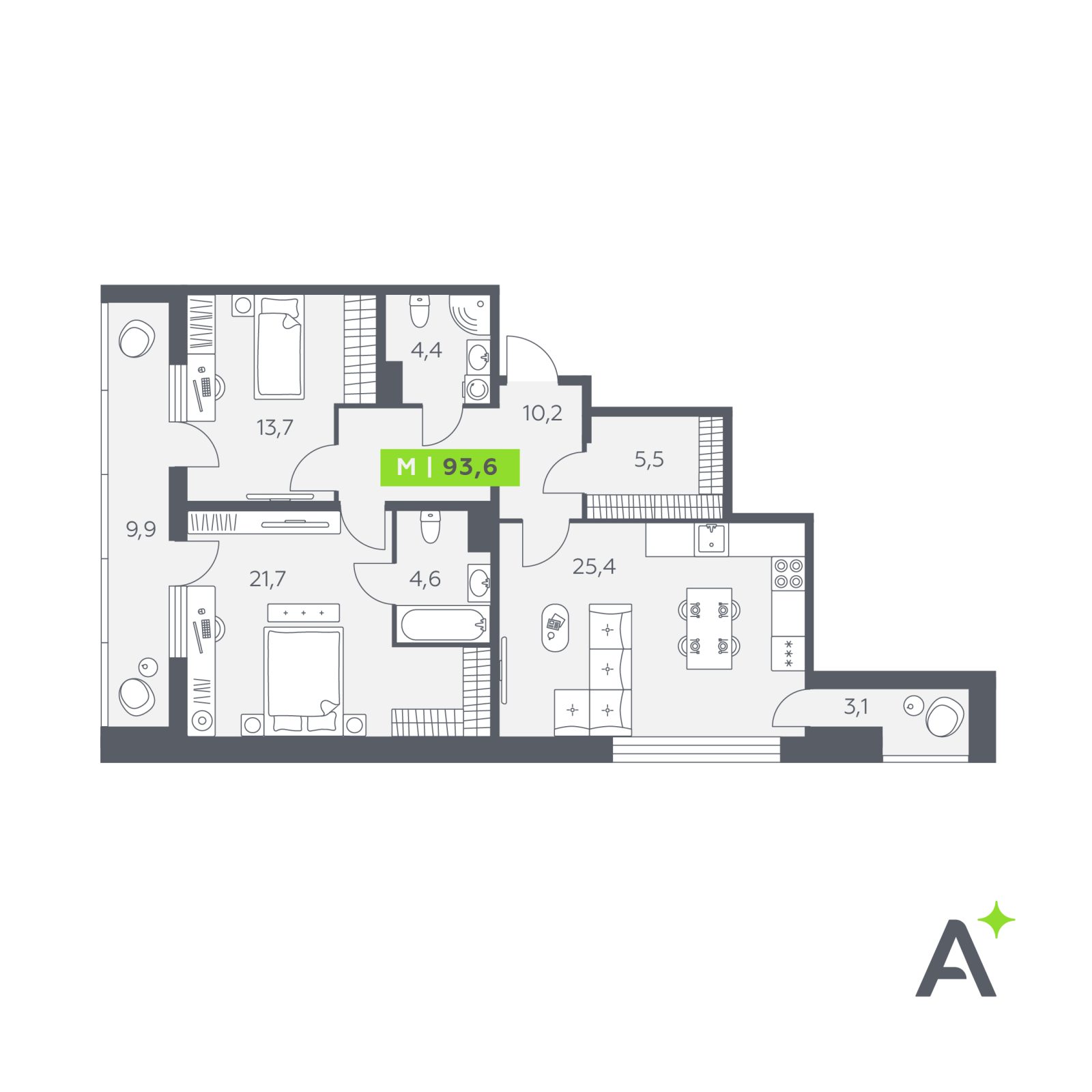 Планировка: 3-комнатная квартира, 93,6 м²
