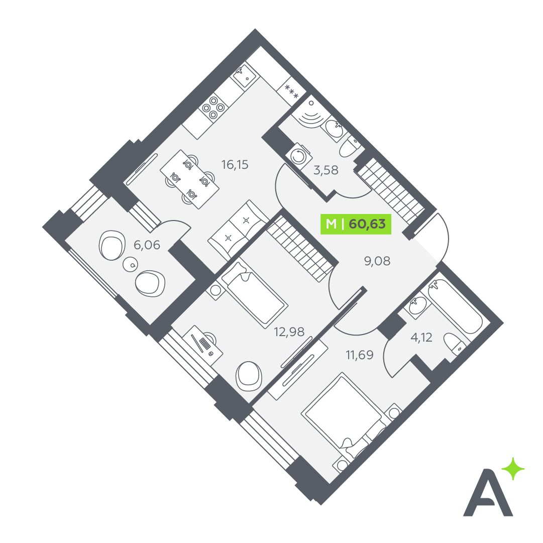 Планировка: 3-комнатная квартира, 60,6 м²