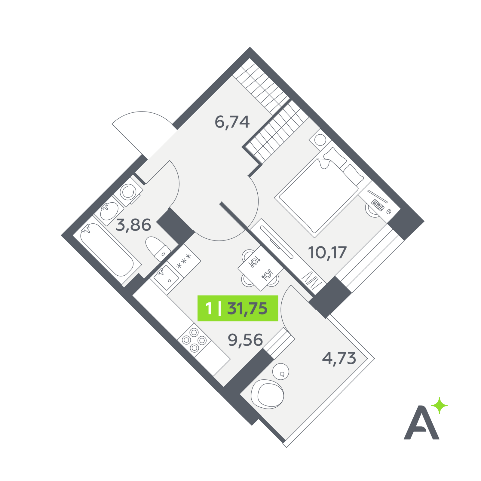 Планировка: 1-комнатная квартира, 31,8 м²