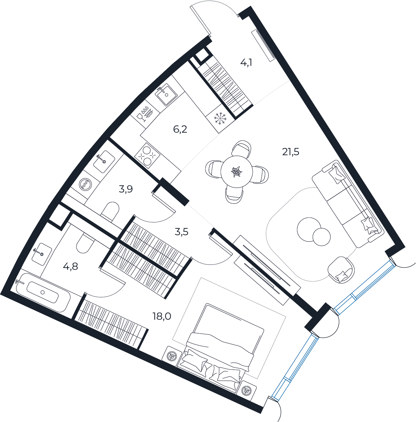 Планировка: 1-комнатная квартира, 62,3 м²