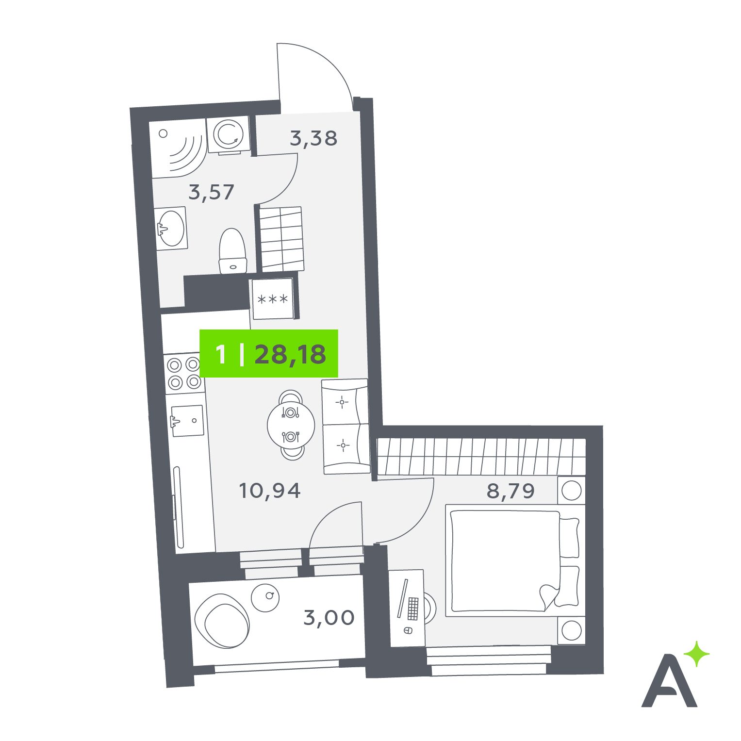 Планировка: 1-комнатная квартира, 28,2 м²