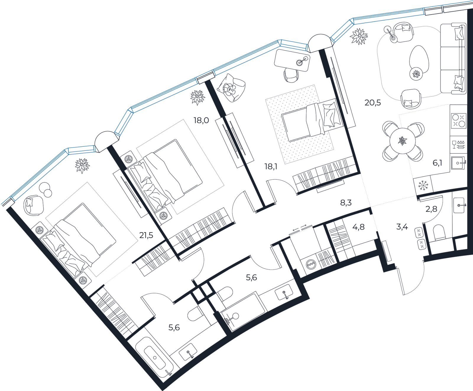 Планировка: 3-комнатная квартира, 114,7 м²
