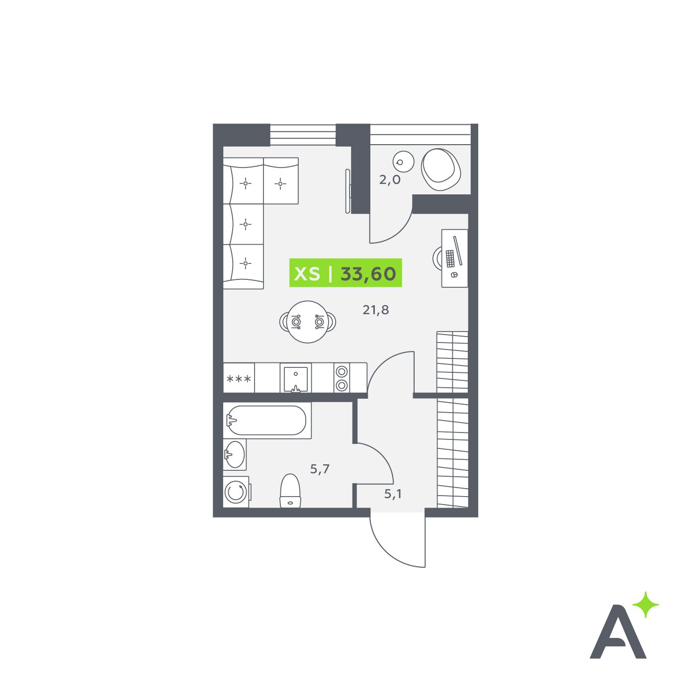Планировка: студия, 33,6 м²