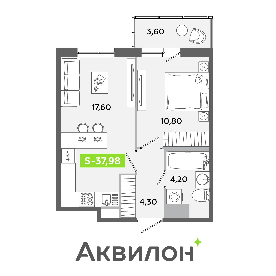 Планировка: 2-комнатная квартира, 38,0 м²