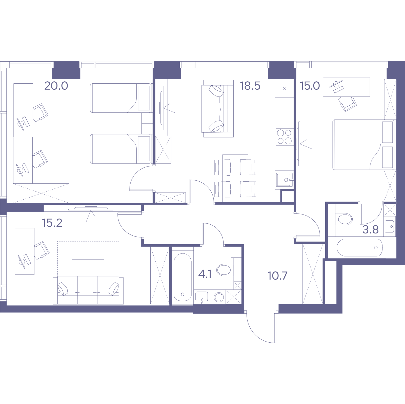 Планировка: 4-комнатная квартира, 87,3 м²