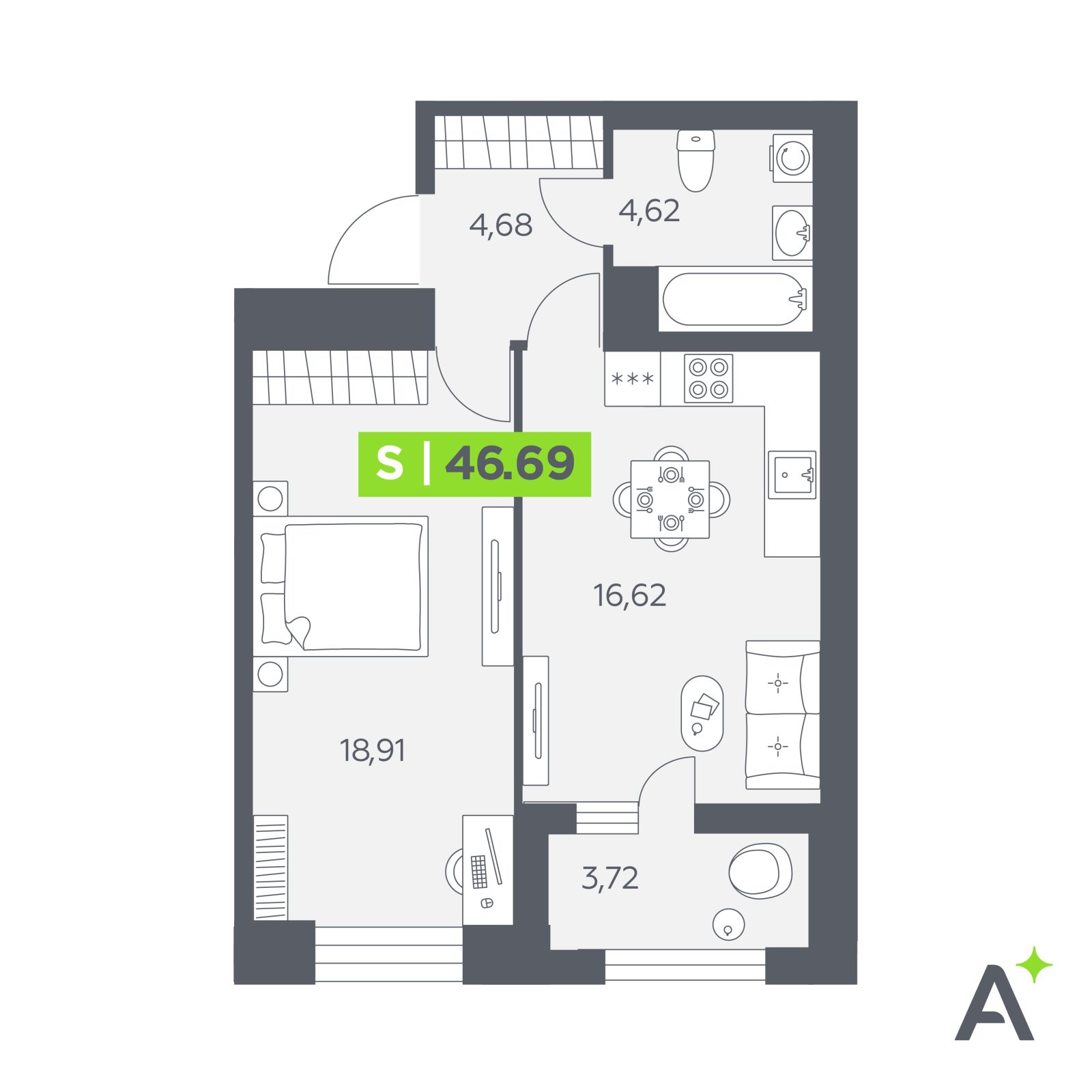 Планировка: 2-комнатная квартира, 46,7 м²