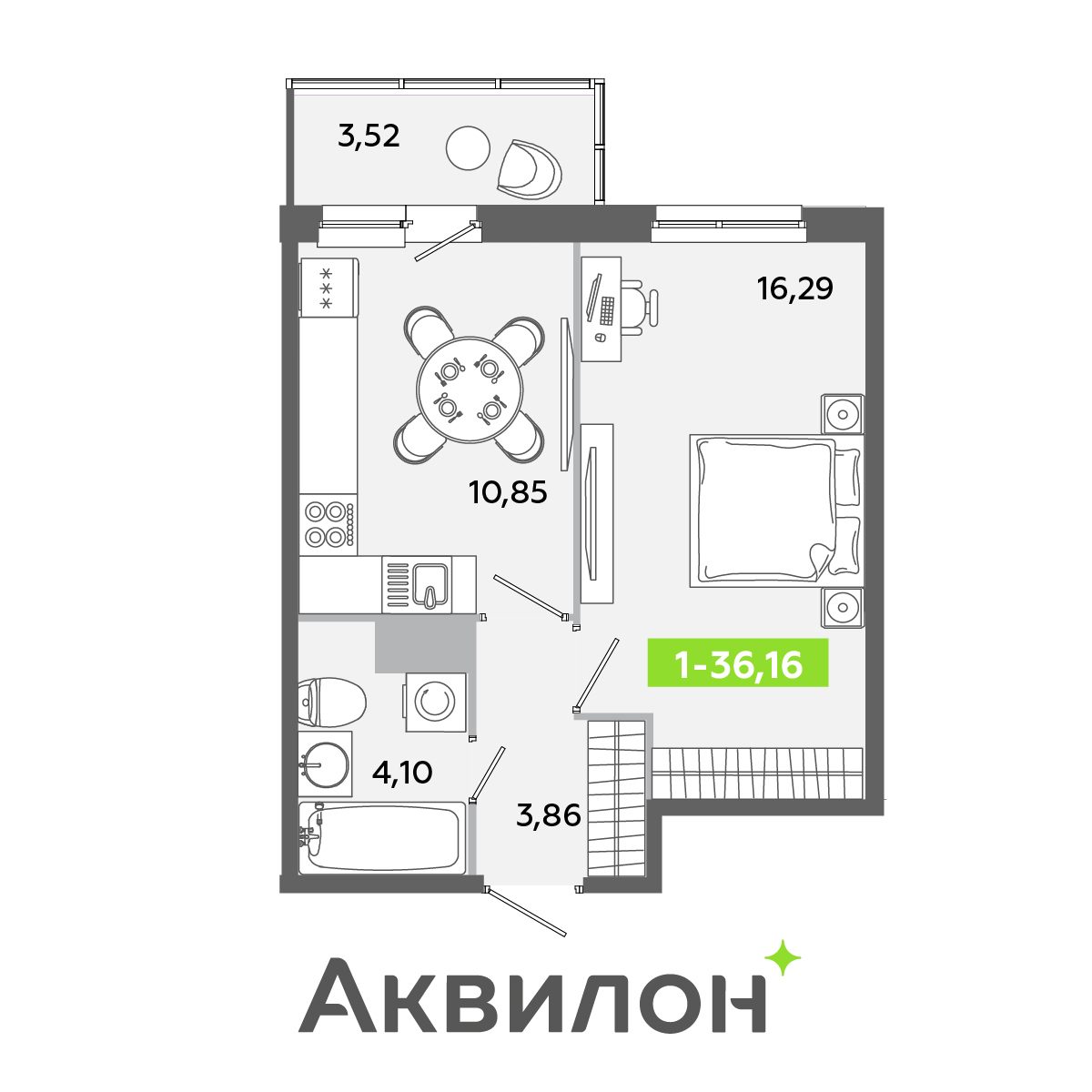 Планировка: 1-комнатная квартира, 36,2 м²