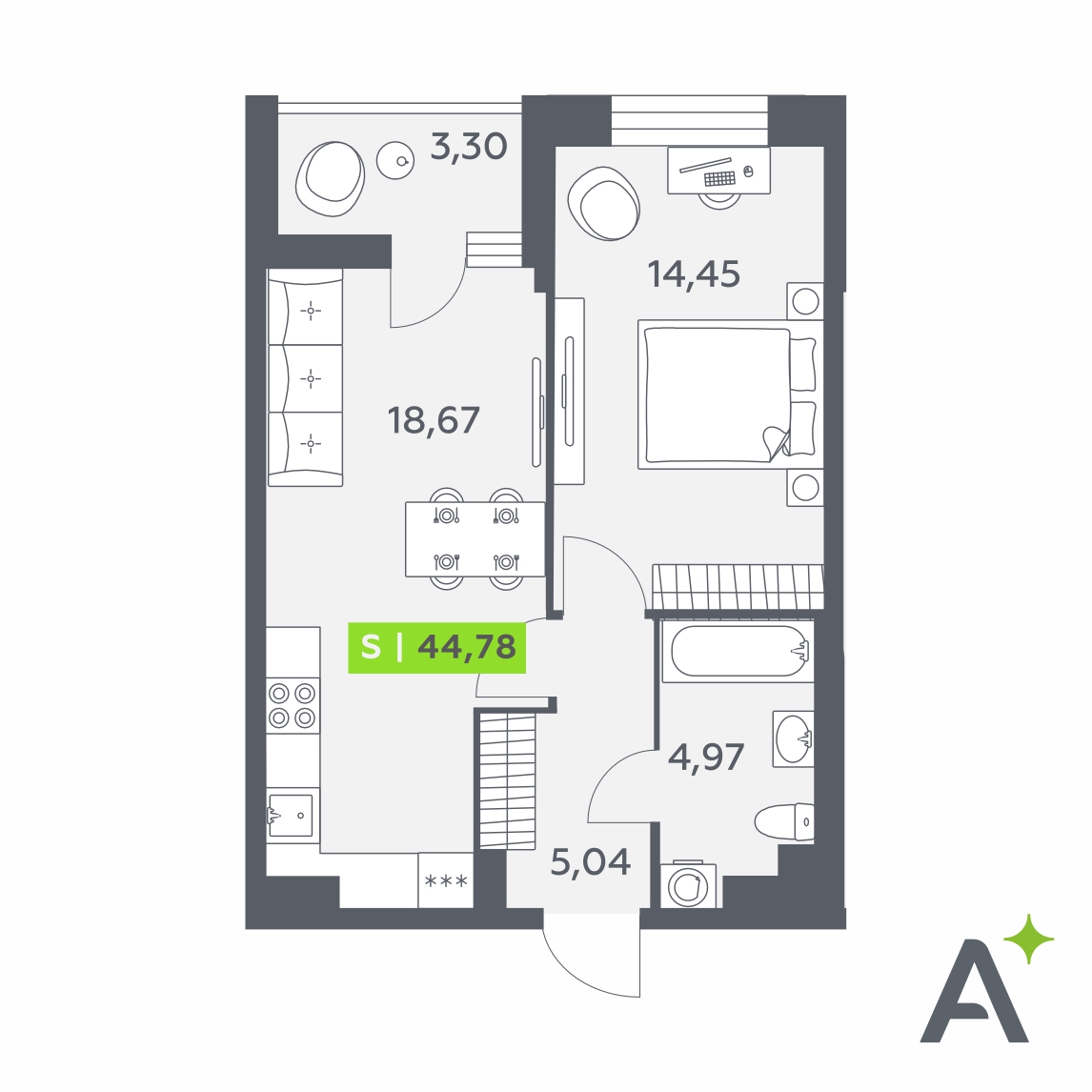 Планировка: 2-комнатная квартира, 44,8 м²