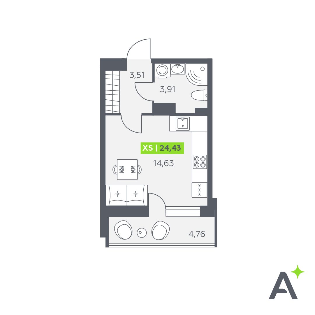 Планировка: студия, 24,4 м²