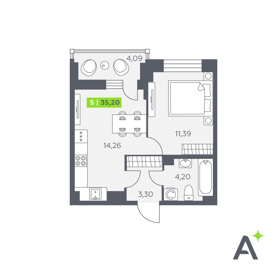Планировка: 2-комнатная квартира, 35,2 м²