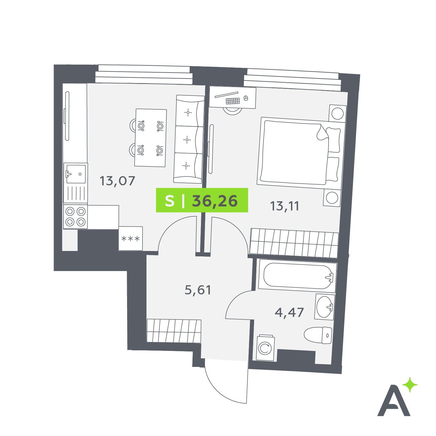 Планировка: 2-комнатная квартира, 36,3 м²