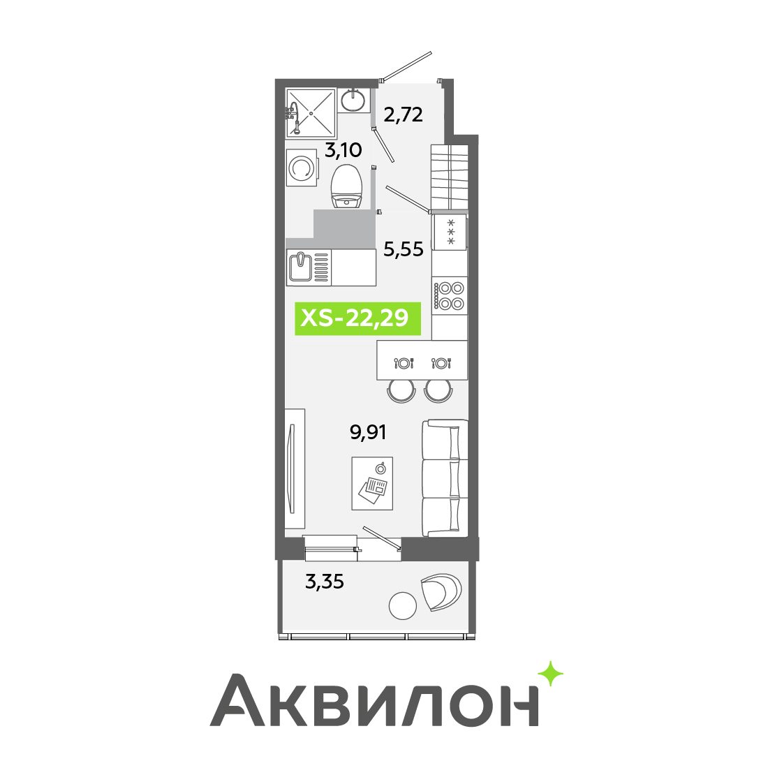 Планировка: студия, 22,3 м²