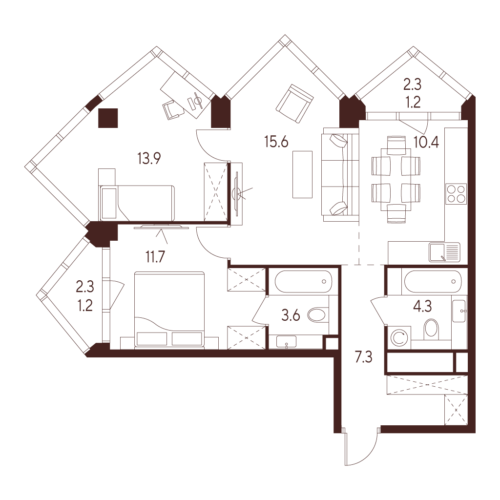 Планировка: 3-комнатная квартира, 69,2 м²