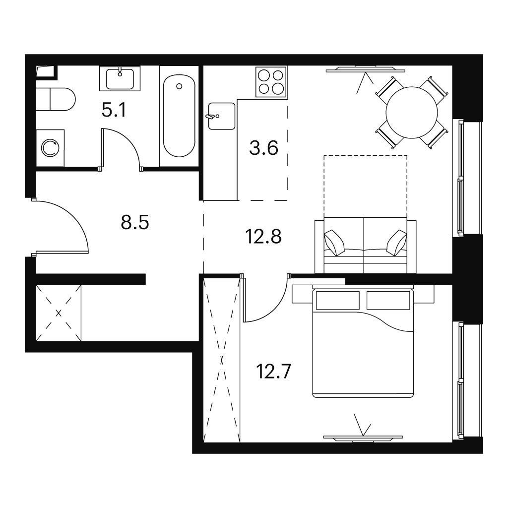 Планировка: 2-комнатная квартира, 42,7 м²