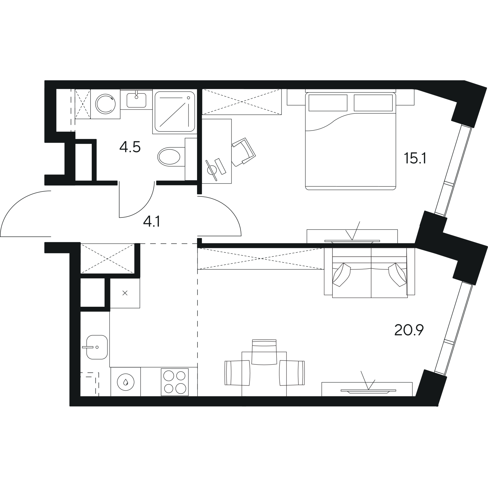 Планировка: 2-комнатная квартира, 44,6 м²