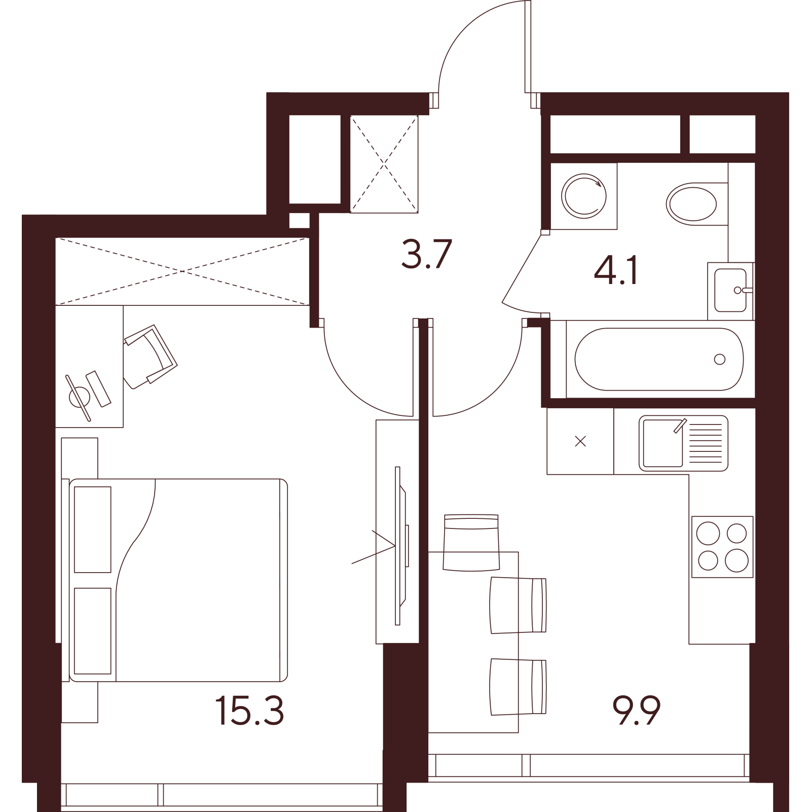 Планировка: 1-комнатная квартира, 33,0 м²