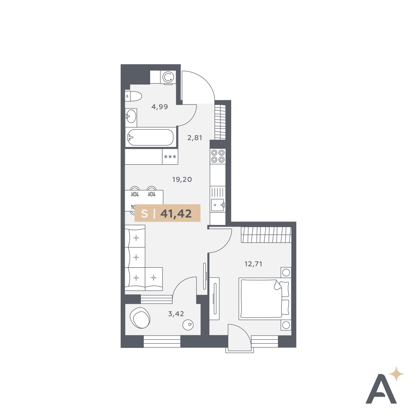 Планировка: 2-комнатная квартира, 41,4 м²