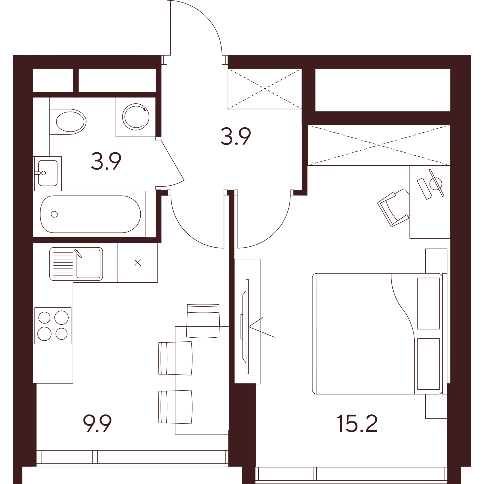 Планировка: 1-комнатная квартира, 32,9 м²