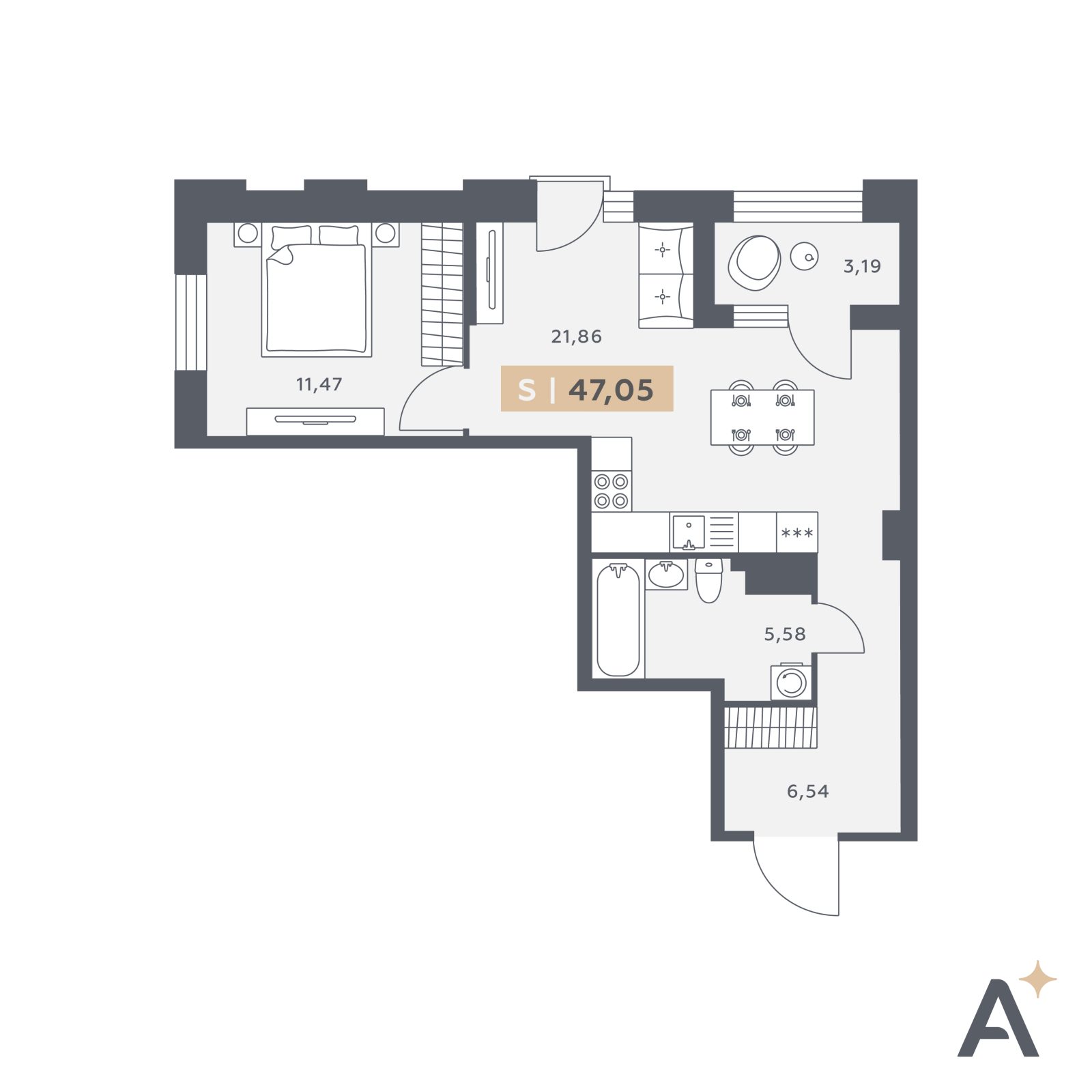 Планировка: 2-комнатная квартира, 47,1 м²
