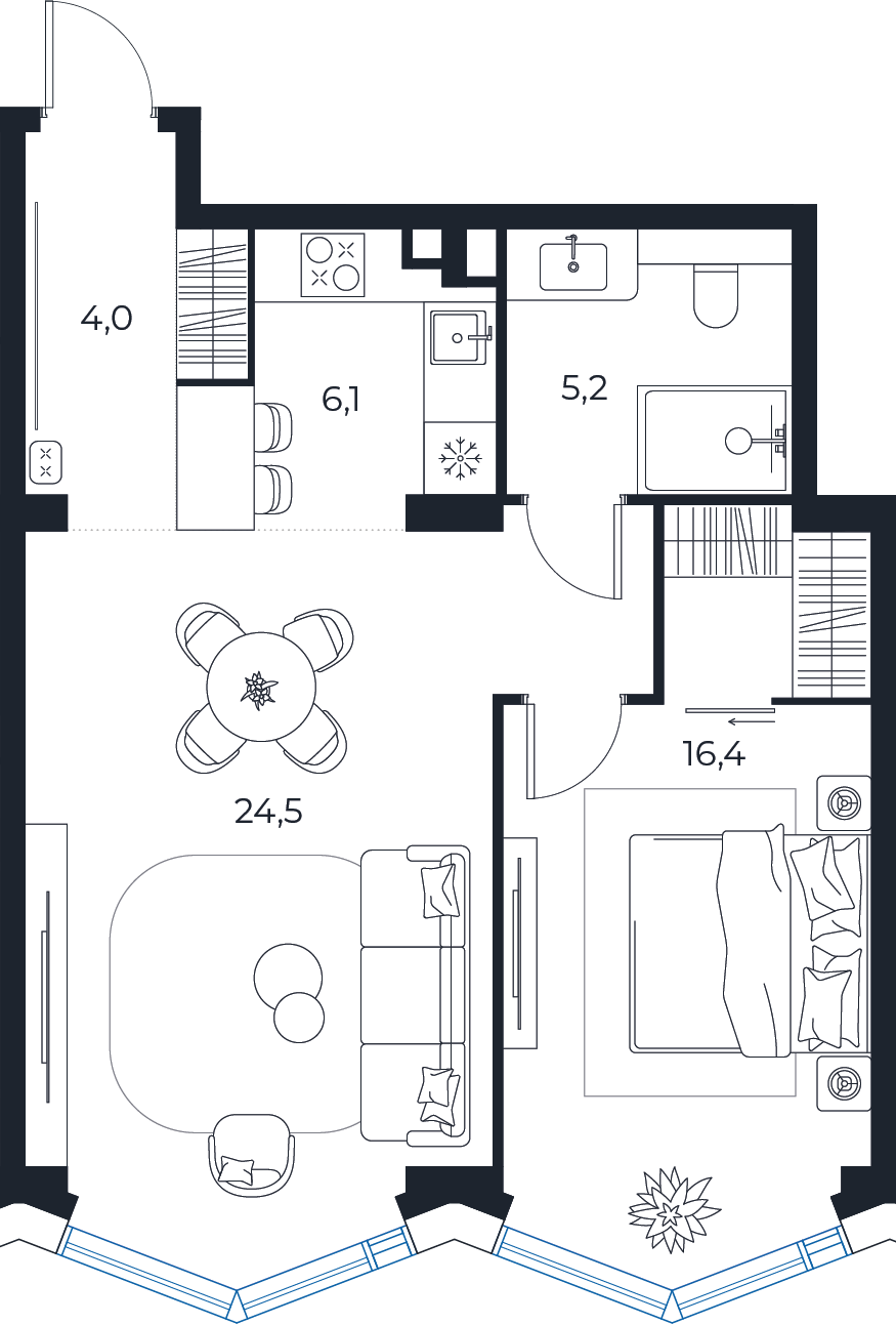Планировка: 1-комнатная квартира, 56,2 м²