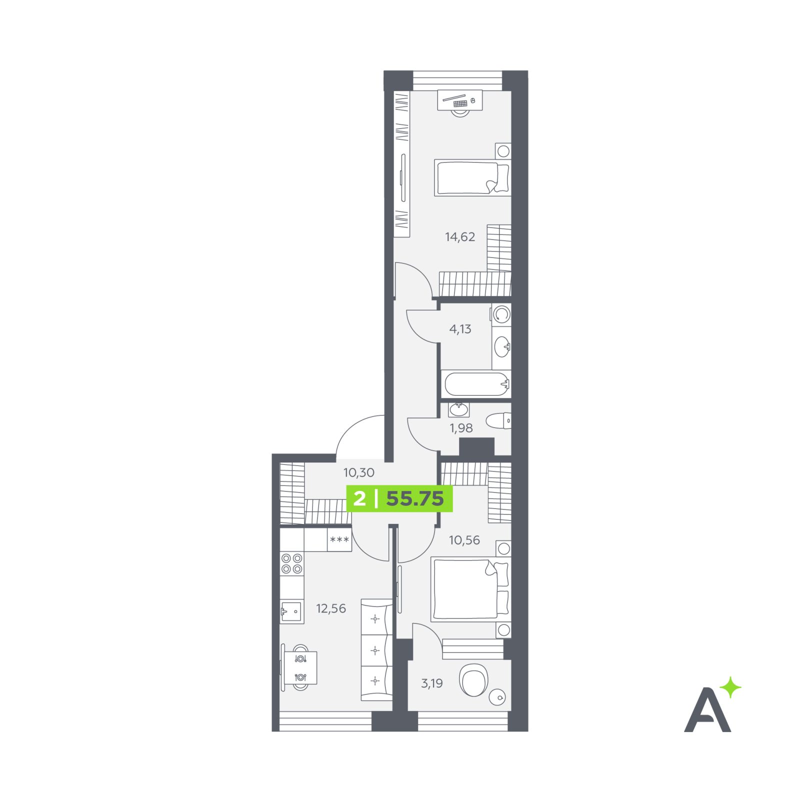 Планировка: 2-комнатная квартира, 55,8 м²