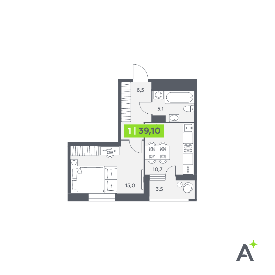 Планировка: 1-комнатная квартира, 39,1 м²