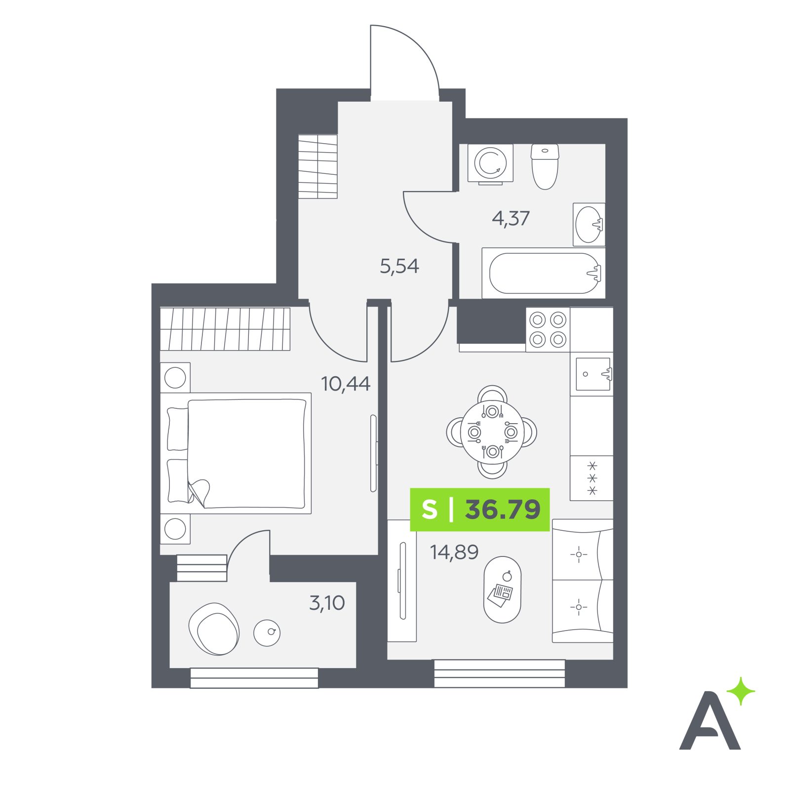 Планировка: 2-комнатная квартира, 36,8 м²