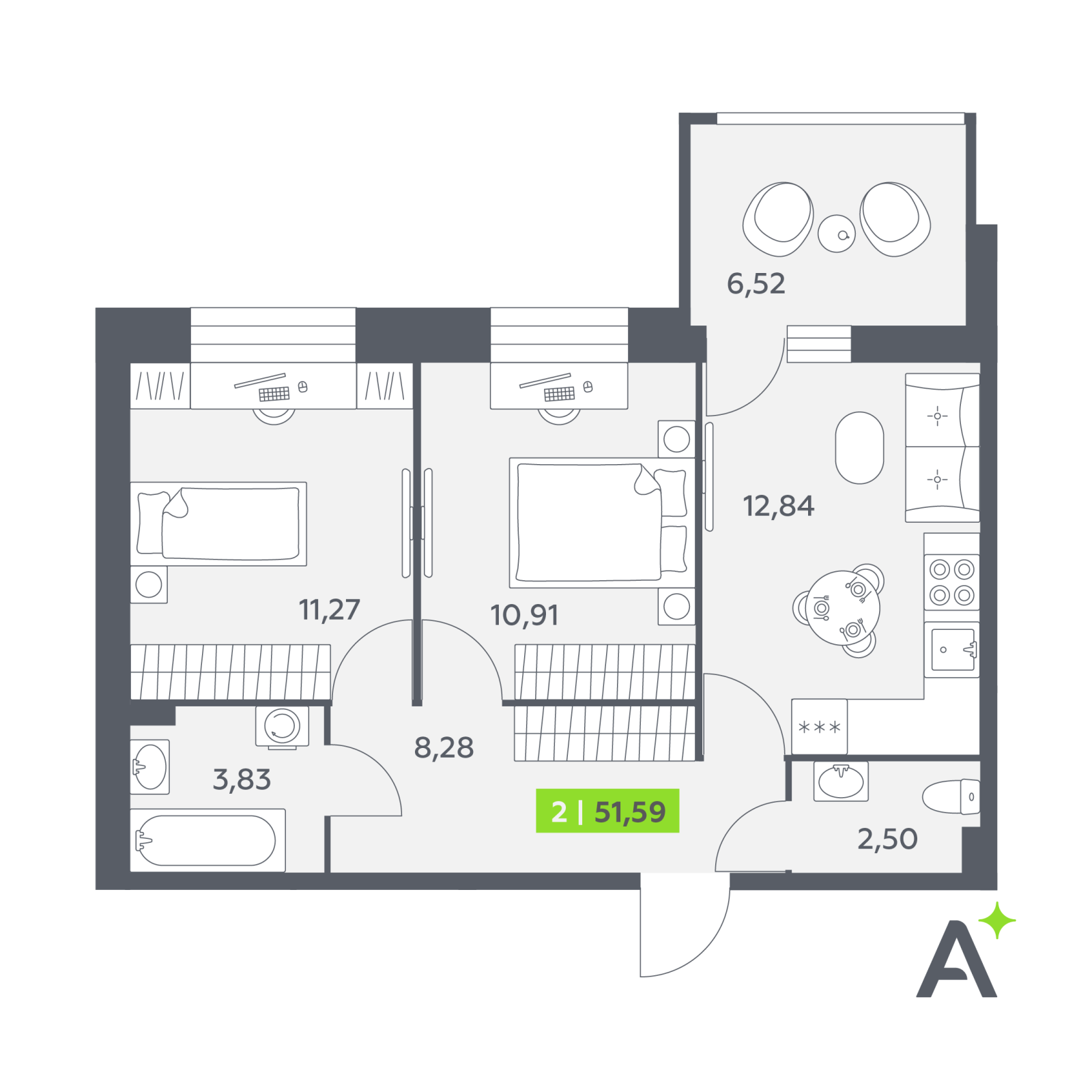 Планировка: 2-комнатная квартира, 51,6 м²