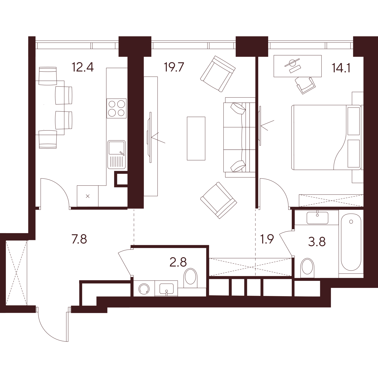 Планировка: 2-комнатная квартира, 62,5 м²