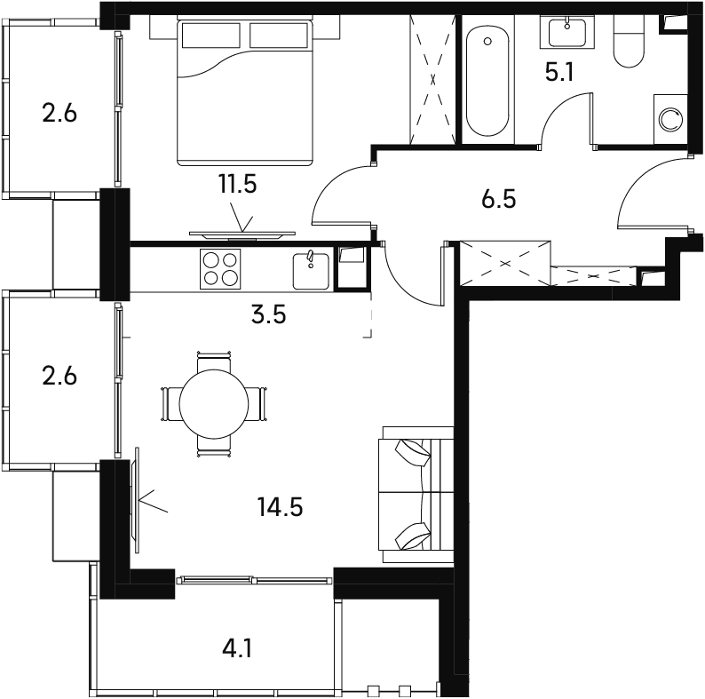 Планировка: 2-комнатная квартира, 50,4 м²