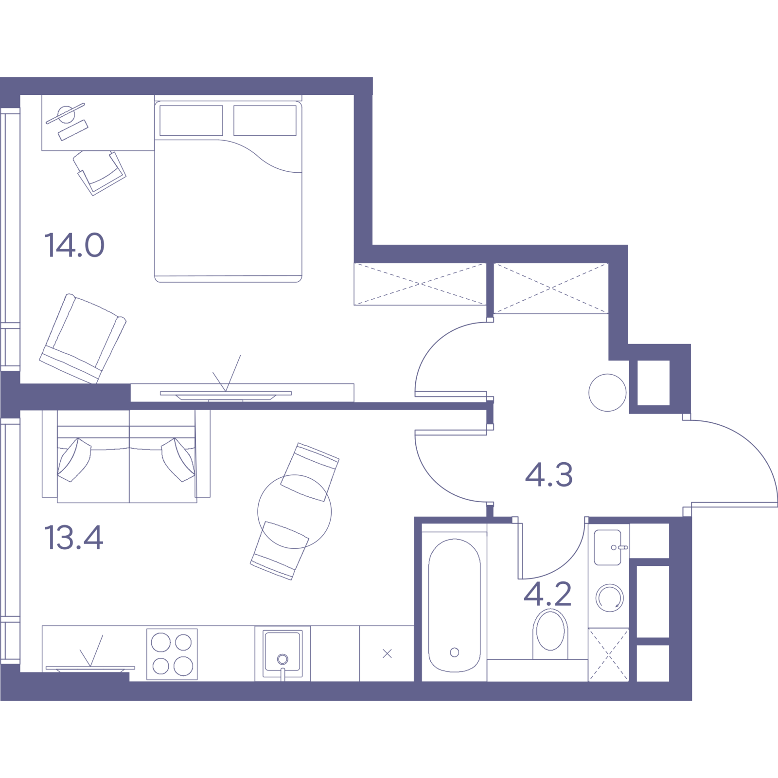 Планировка: 1-комнатная квартира, 35,9 м²