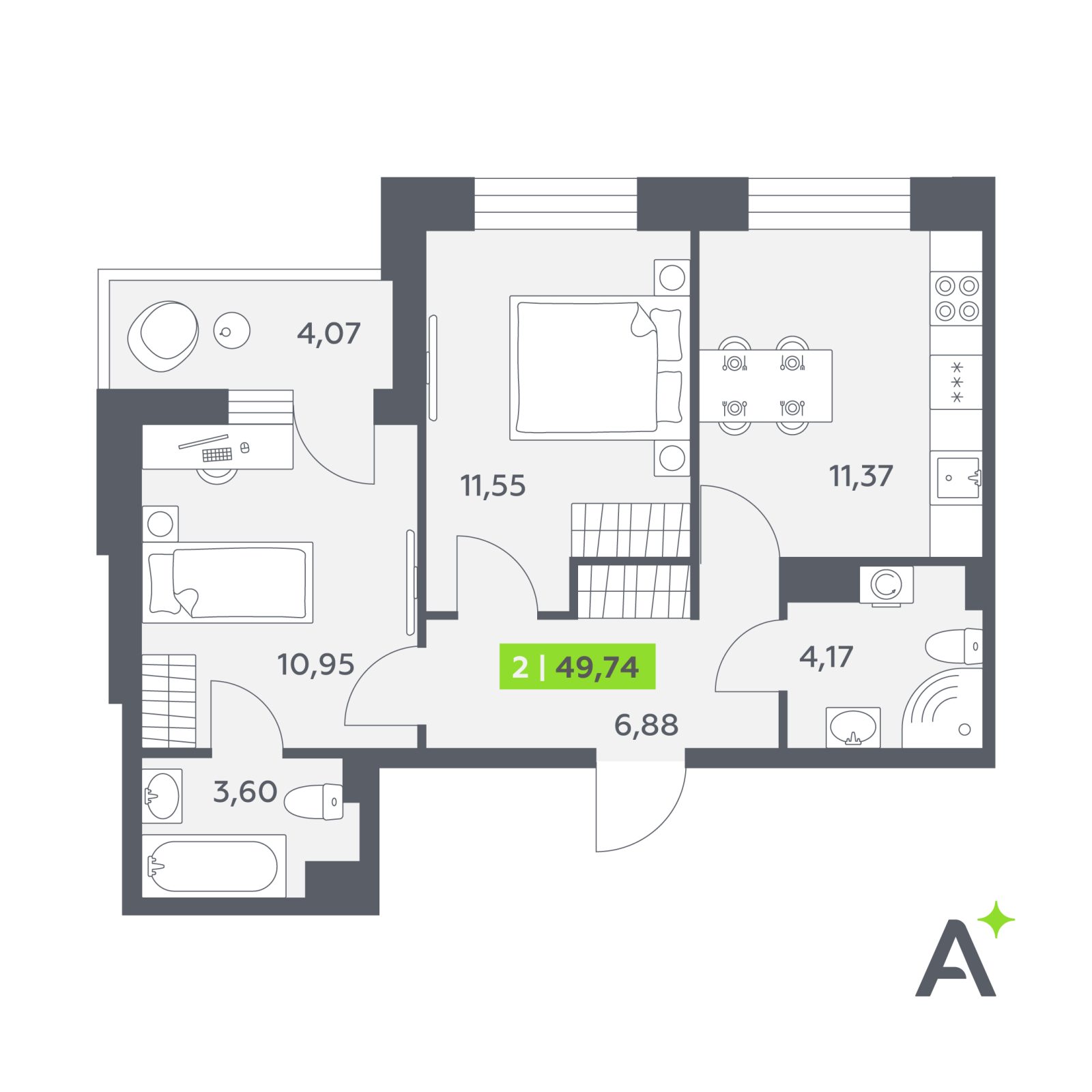 Планировка: 2-комнатная квартира, 49,7 м²