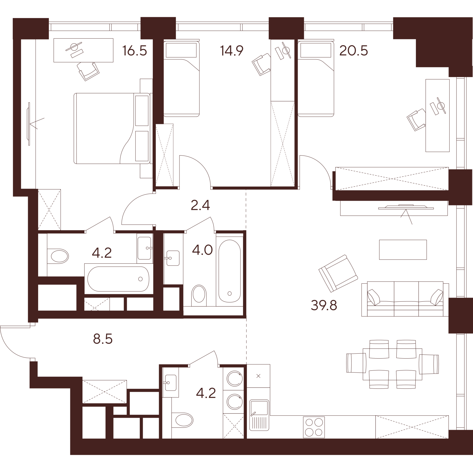 Планировка: 4-комнатная квартира, 115,0 м²