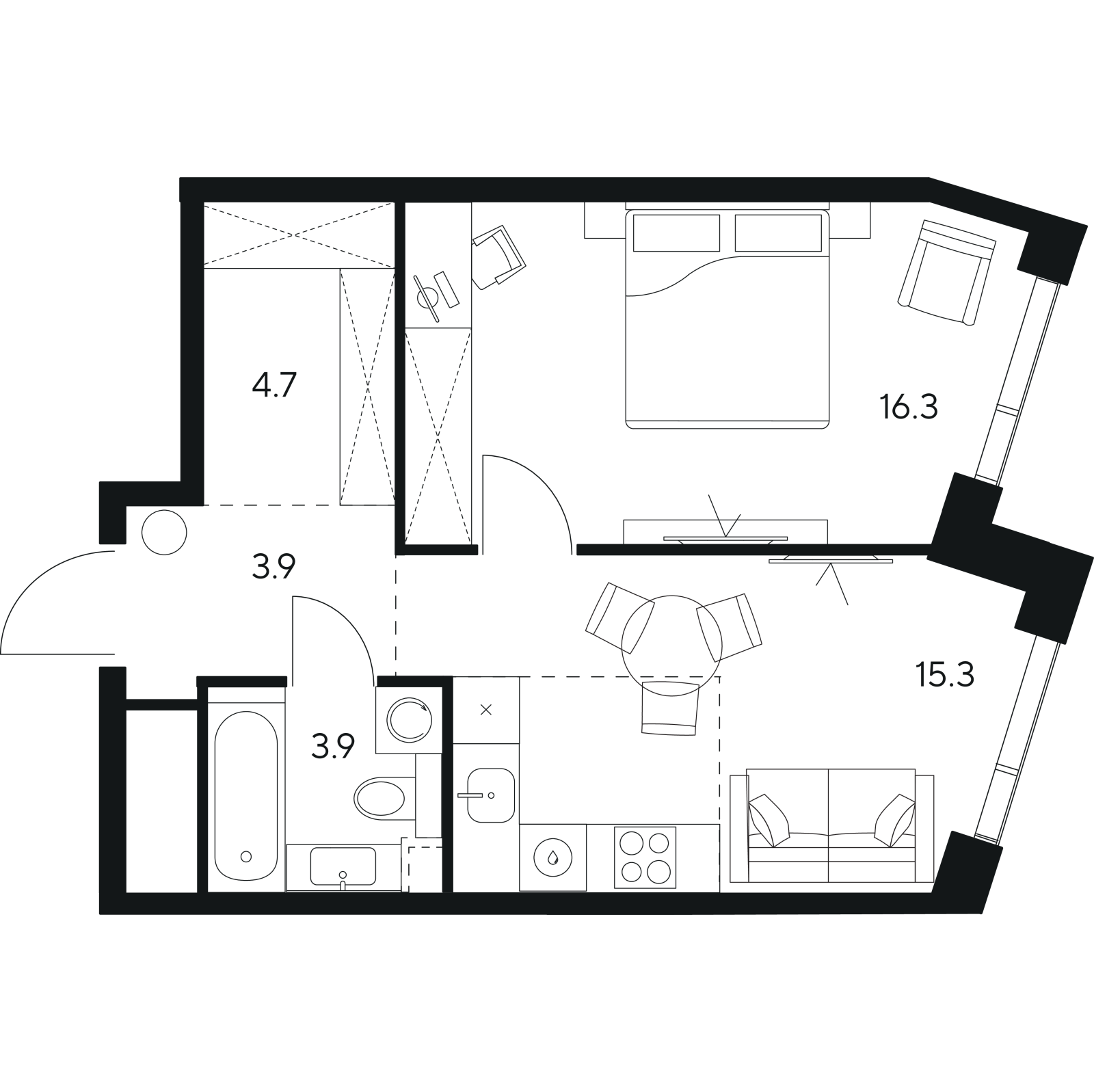 Планировка: 1-комнатная квартира, 44,1 м²