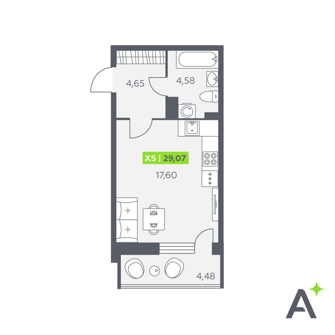 Планировка: студия, 29,1 м²