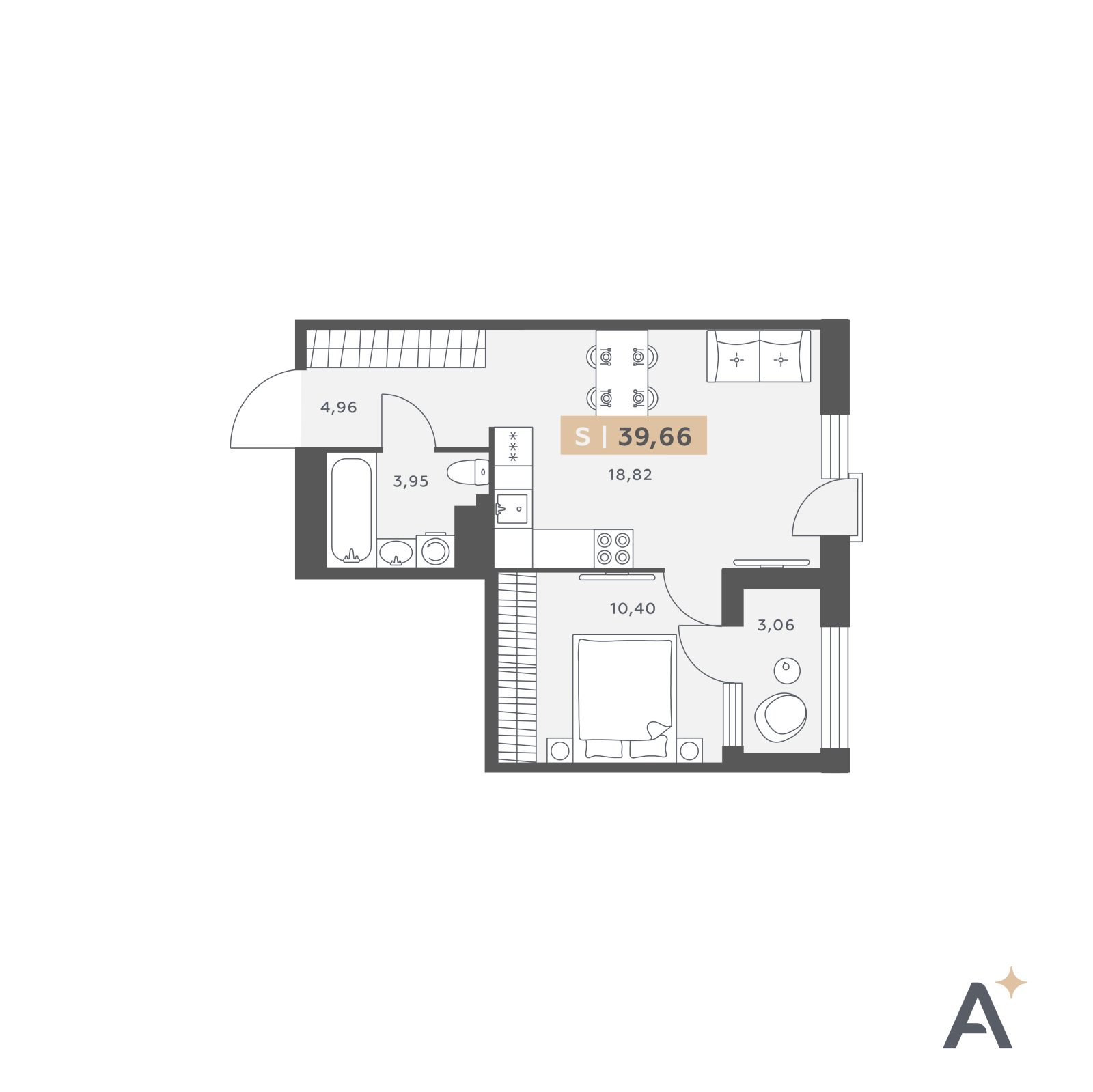Планировка: 2-комнатная квартира, 39,7 м²
