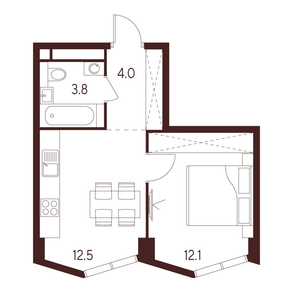Планировка: 1-комнатная квартира, 32,4 м²