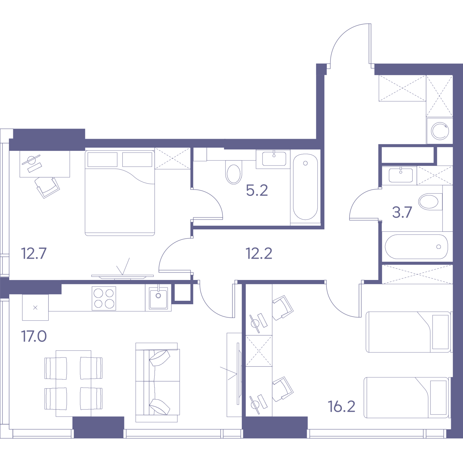 Планировка: 3-комнатная квартира, 67,0 м²