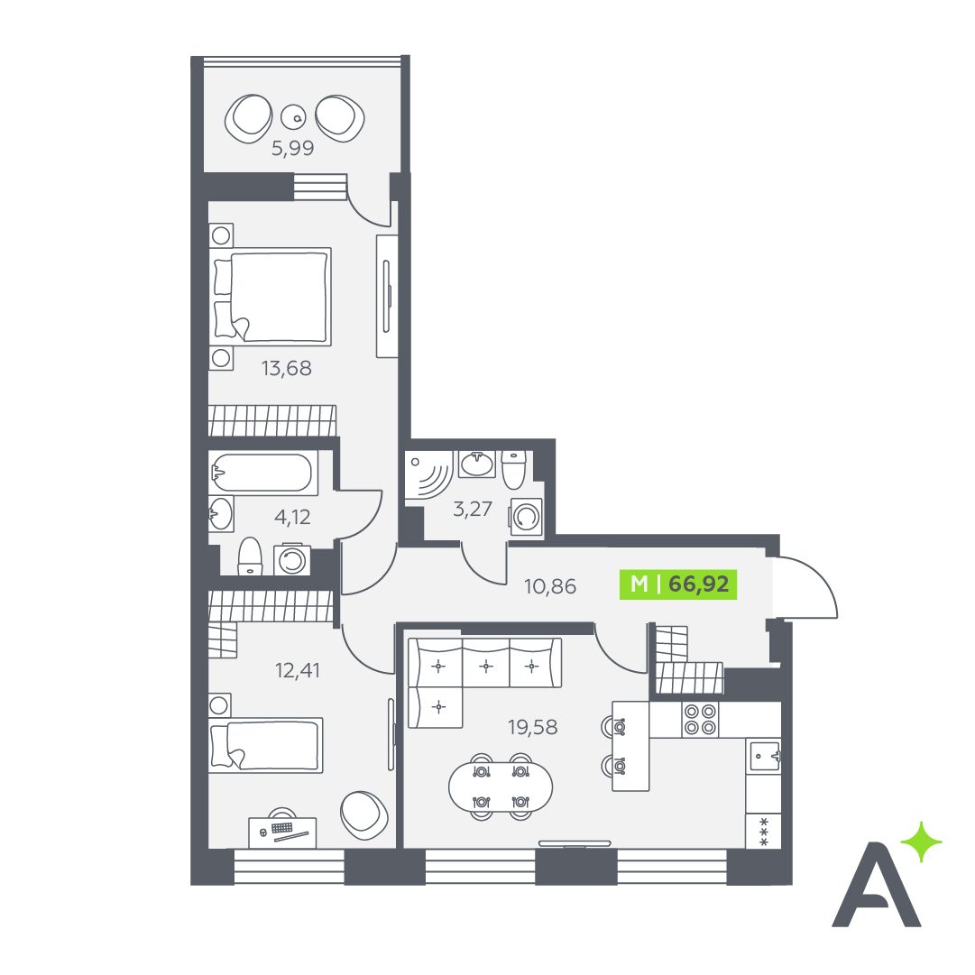 Планировка: 3-комнатная квартира, 66,9 м²