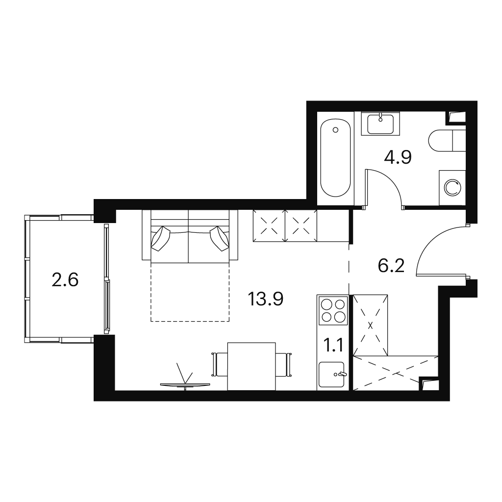 Планировка: студия, 28,7 м²
