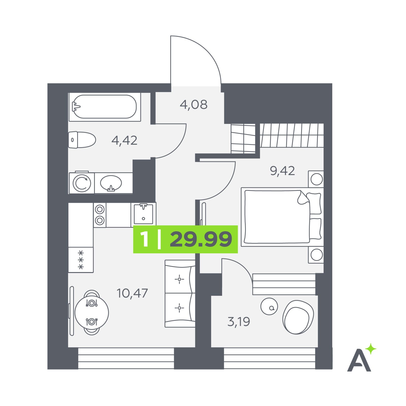 Планировка: 1-комнатная квартира, 30,0 м²