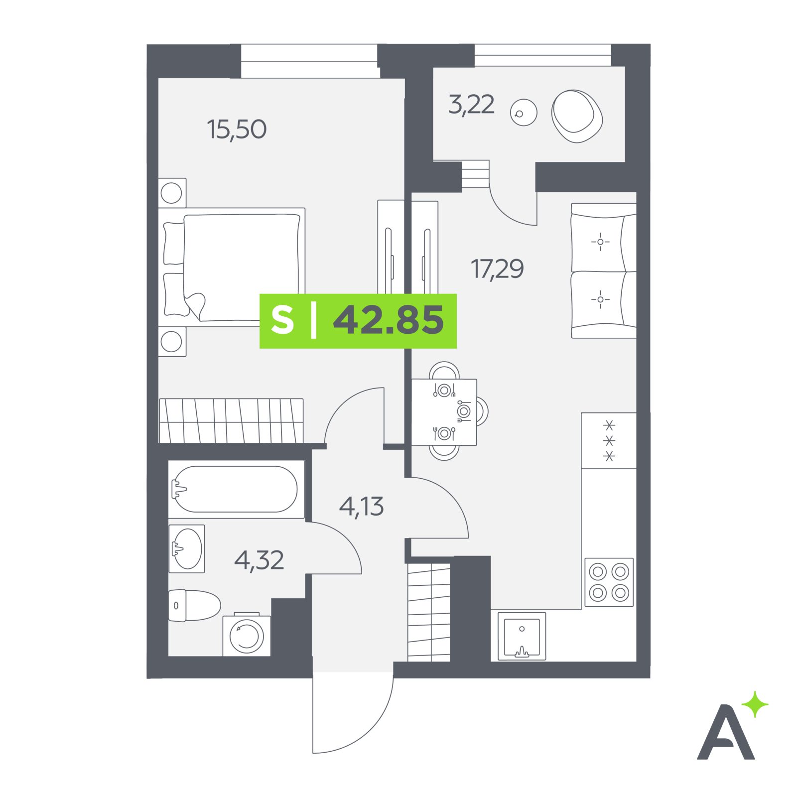 Планировка: 2-комнатная квартира, 42,9 м²