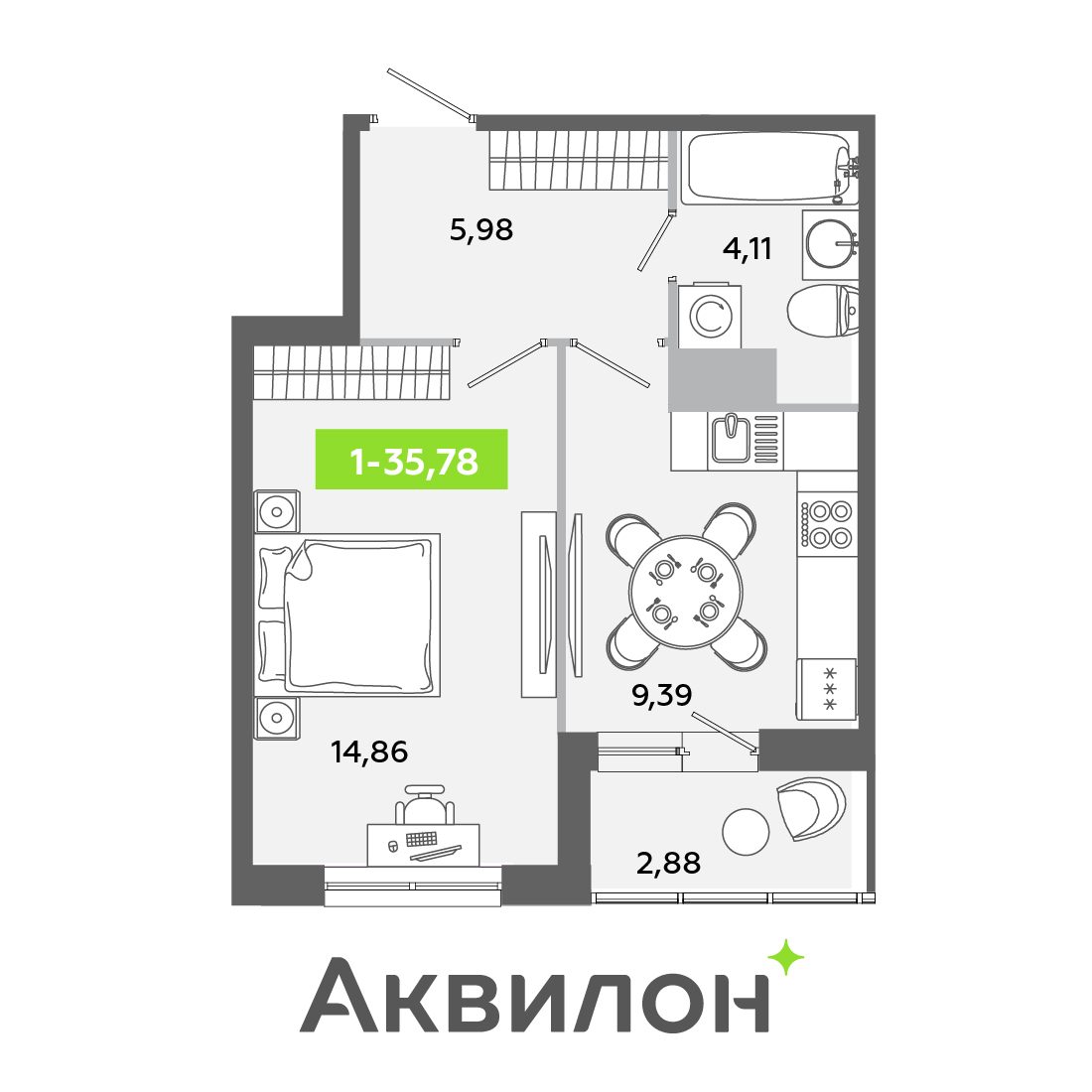 Планировка: 1-комнатная квартира, 35,8 м²