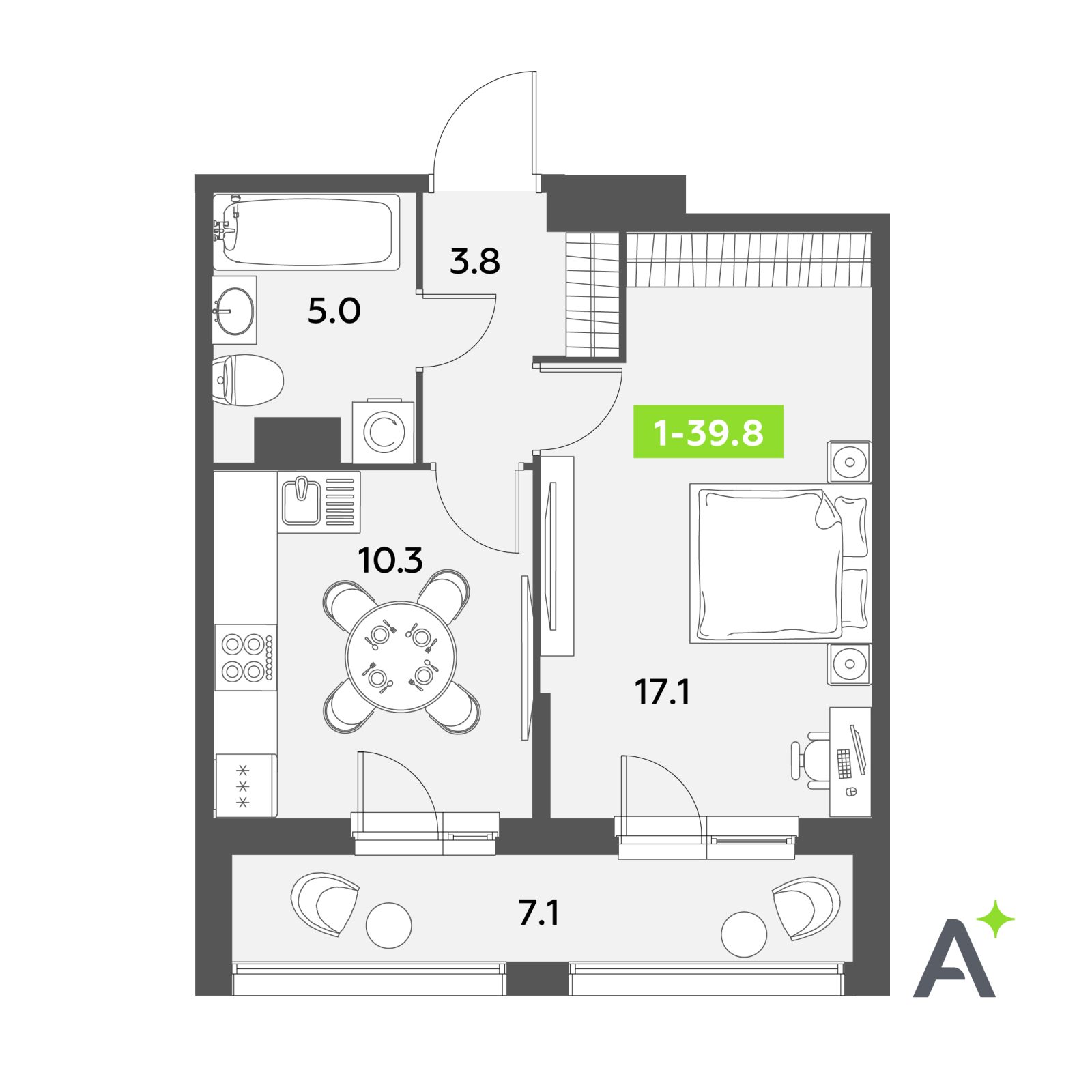 Планировка: 1-комнатная квартира, 39,8 м²