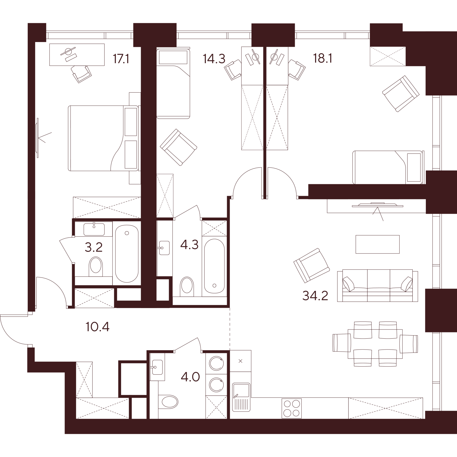 Планировка: 4-комнатная квартира, 105,6 м²