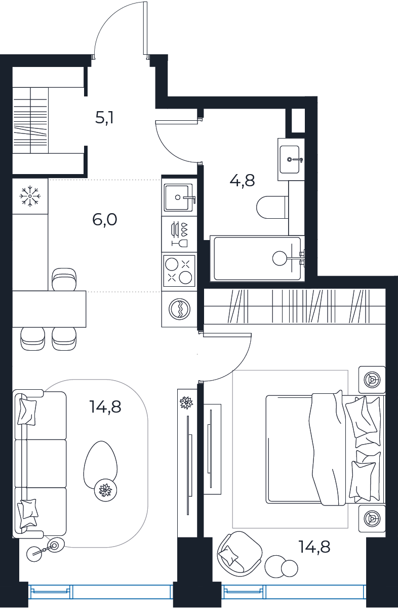 Планировка: 1-комнатная квартира, 45,5 м²