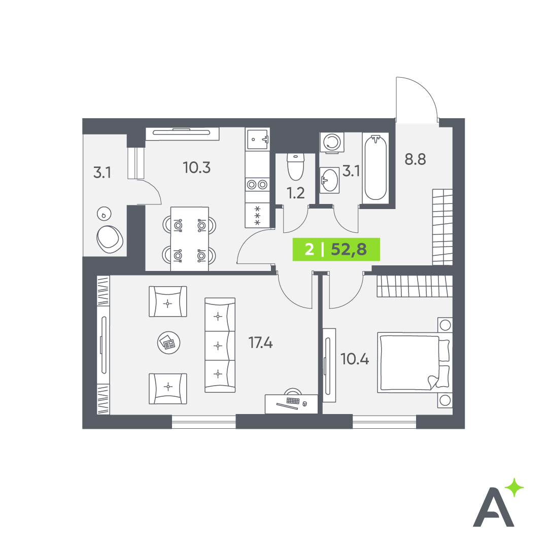 Планировка: 2-комнатная квартира, 52,8 м²
