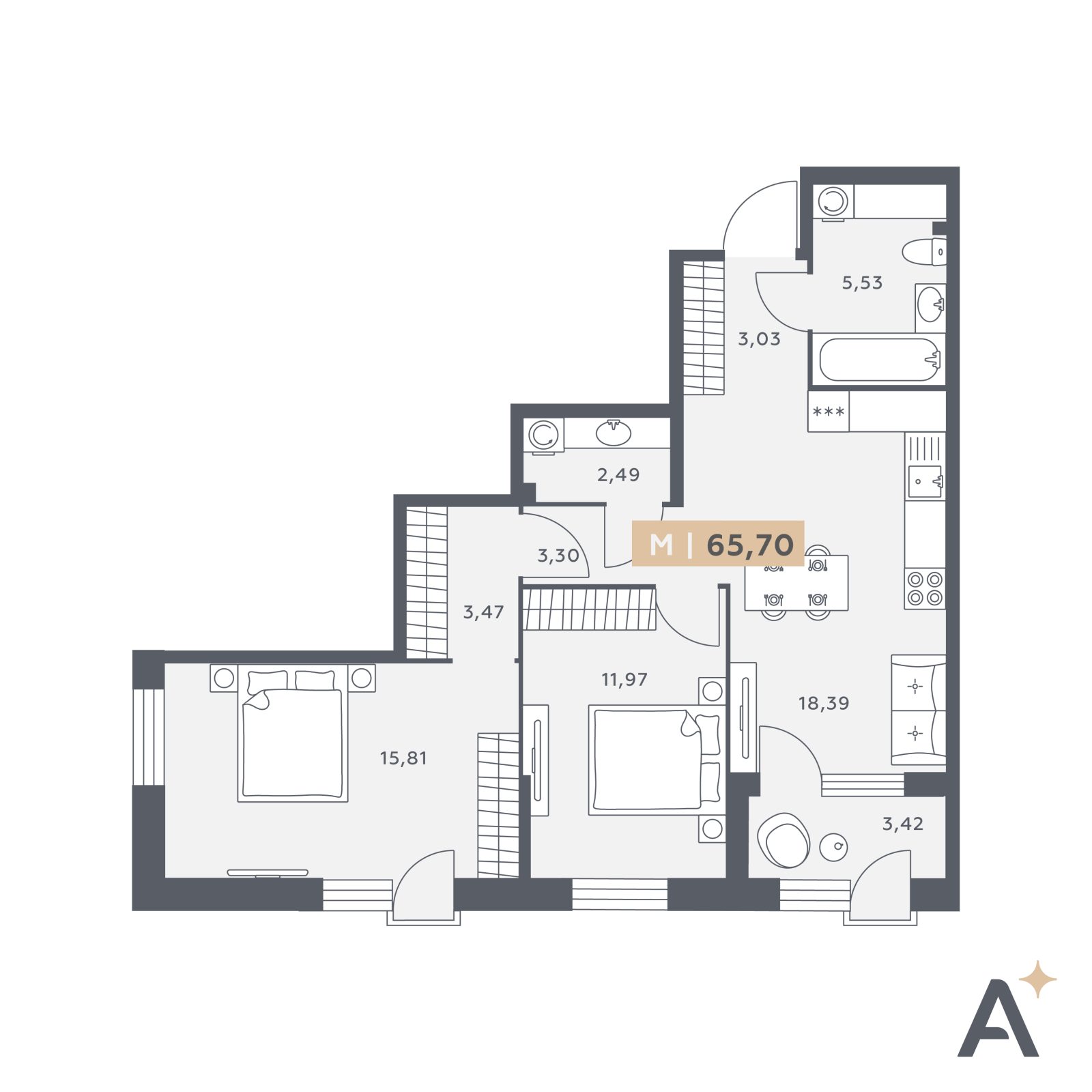 Планировка: 3-комнатная квартира, 65,7 м²