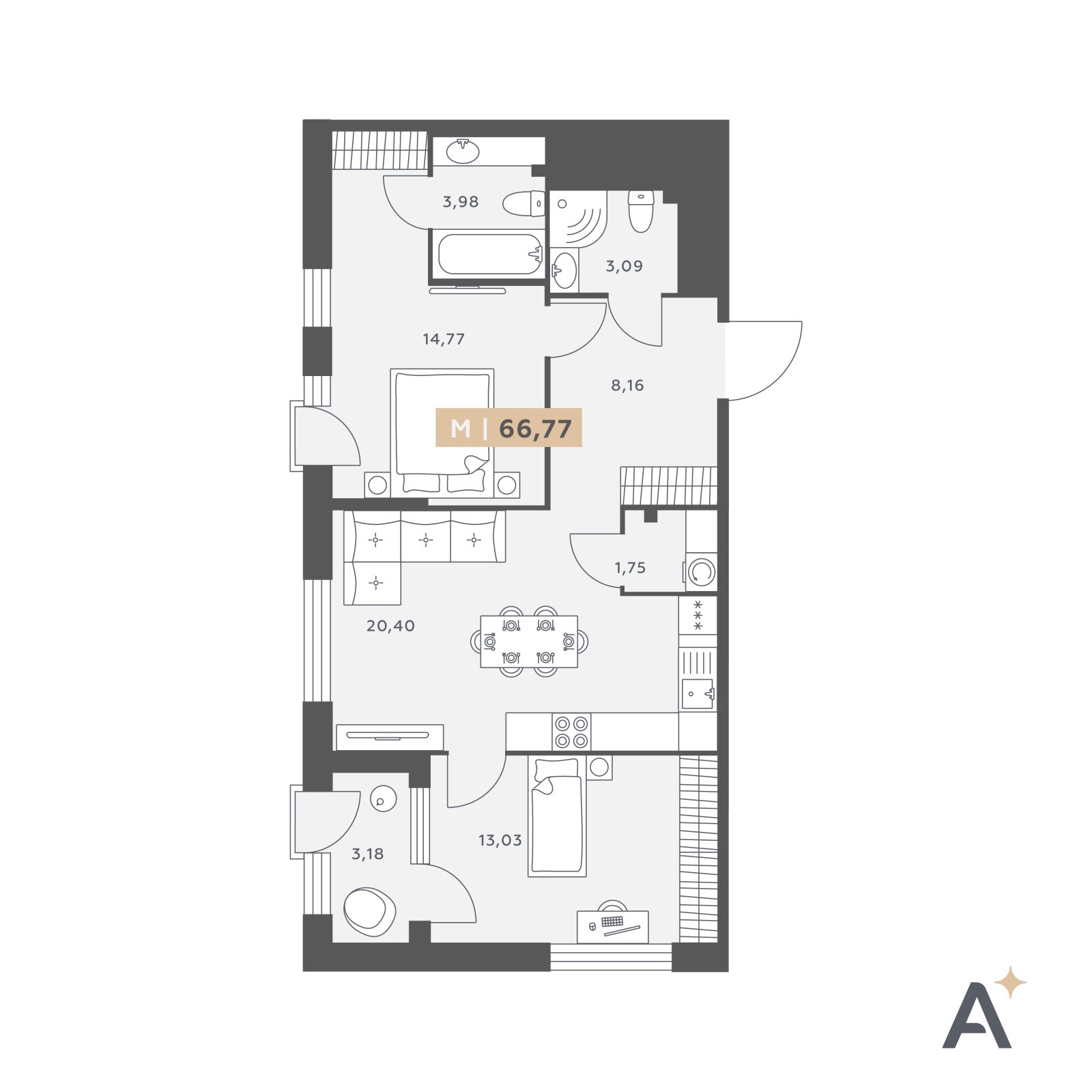 Планировка: 3-комнатная квартира, 66,8 м²